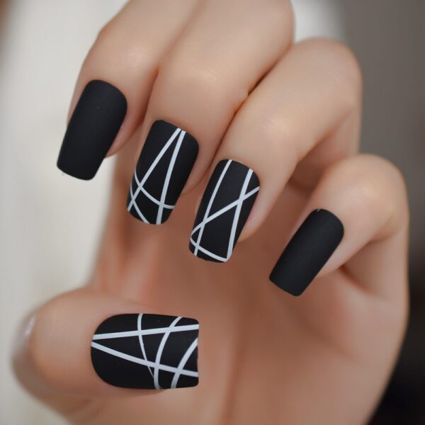 Matt Black Medium Square Fake Nails - Image 7