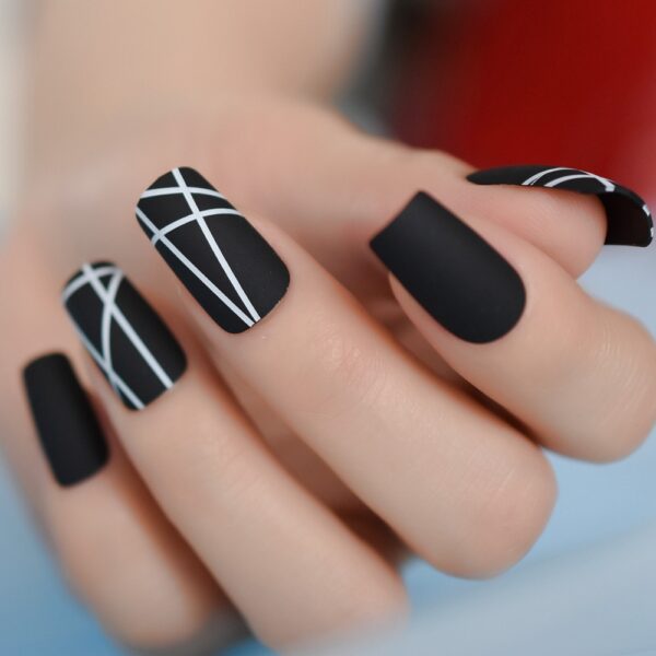 Matt Black Medium Square Fake Nails - Image 6