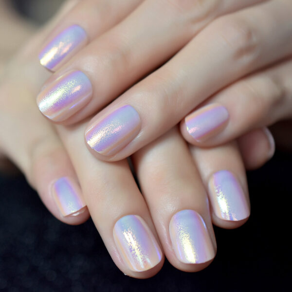 Chrome Iridescent Press On Nails - Short Round Glossy Tips - Image 3