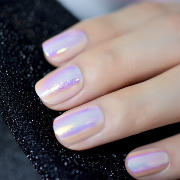 Chrome Iridescent Press On Nails - Short Round Glossy Tips - Image 5