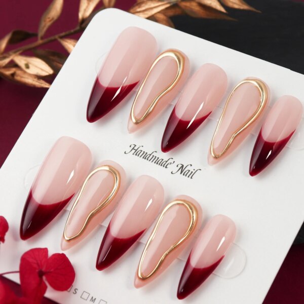 Handmade Press-On Long Almond False Nails - Image 3