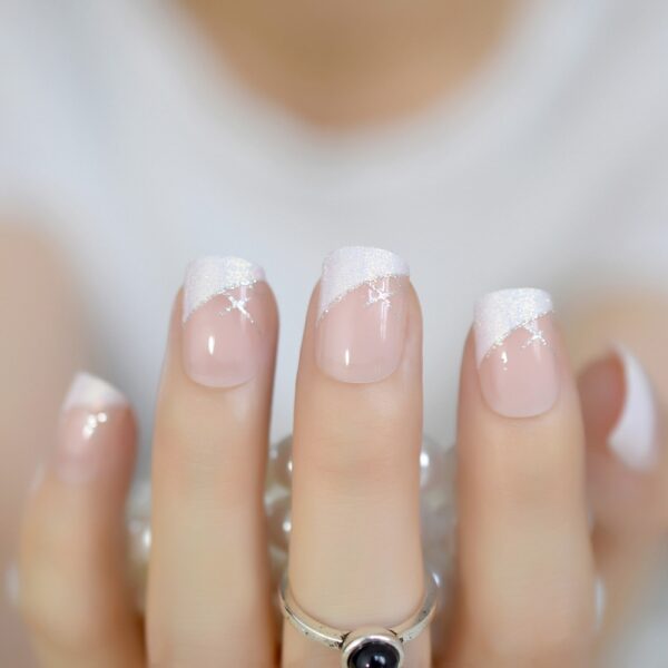 Iridescent White Glitter Short Square French Nails - Image 5