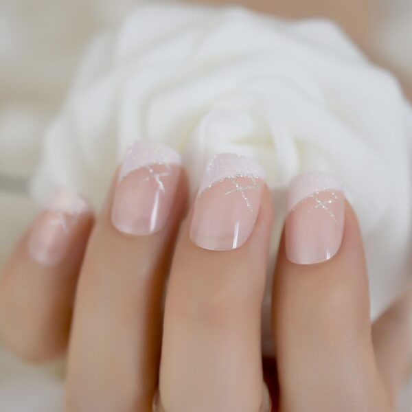 Iridescent White Glitter Short Square French Nails - Image 6