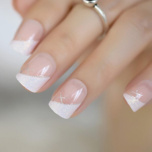 Iridescent White Glitter Short Square French Nails - Image 2