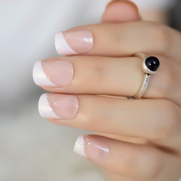 Iridescent White Glitter Short Square French Nails - Image 4