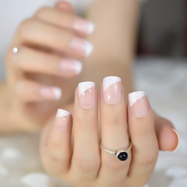 Iridescent White Glitter Short Square French Nails - Image 3