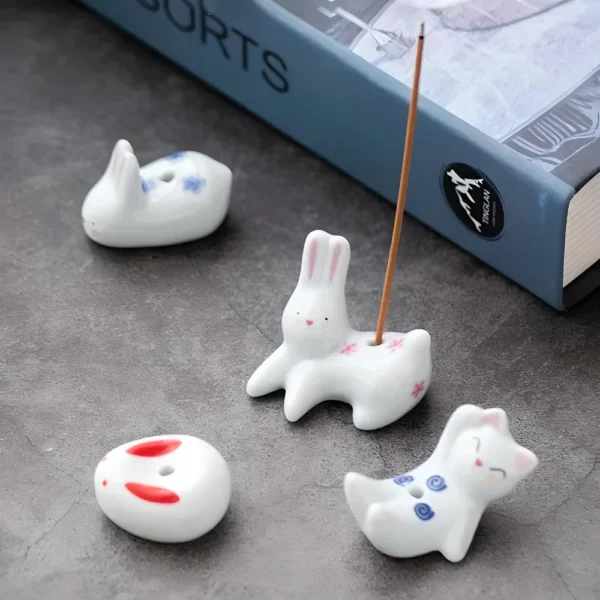 Japanese Style Cartoon Rabbit and Kitten Incense Holder - Image 2