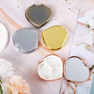 Heart-Shaped Metal Pill Box with Mirror