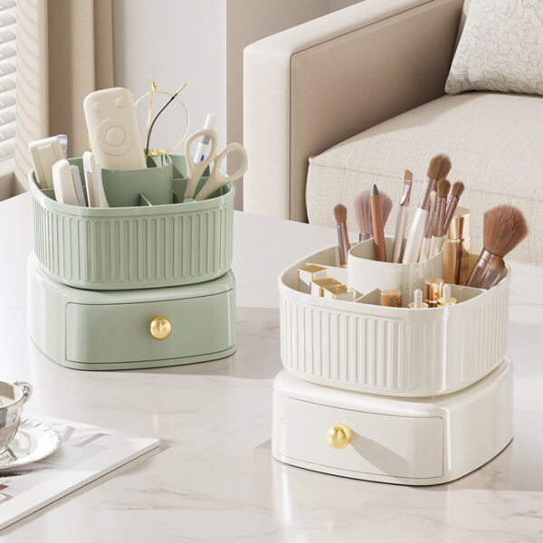 360 Rotating Makeup Brushes Holder with Drawers - Image 2