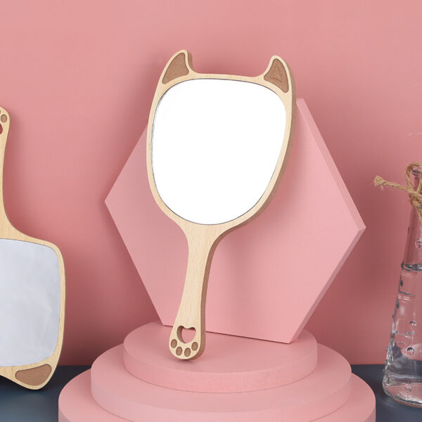 Charming Wooden Handheld Makeup Mirror with Cute Cat Ear Design - Image 5