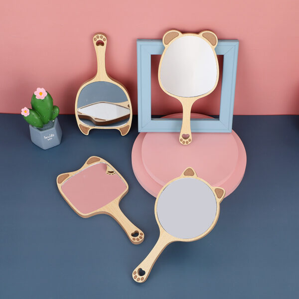 Charming Wooden Handheld Makeup Mirror with Cute Cat Ear Design - Image 2