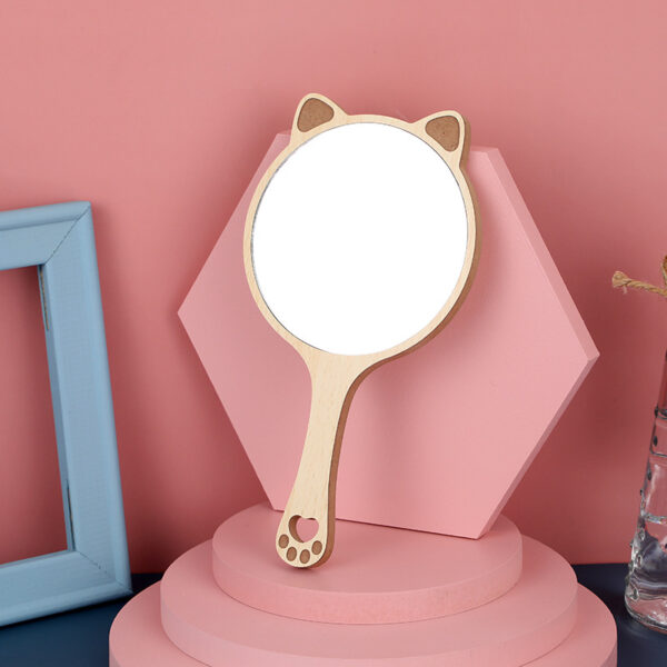 Charming Wooden Handheld Makeup Mirror with Cute Cat Ear Design - Image 4